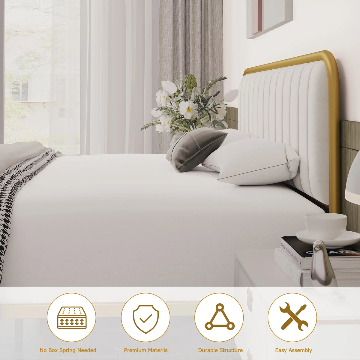 Velvet Beige Full Size Bed Frame with Metal Legs S247987
