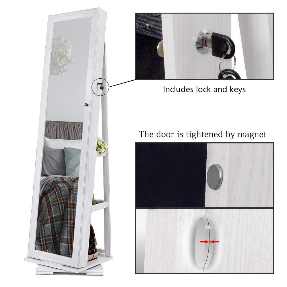 White Free-Standing Rotatable Jewelry Armoire with Mirror G84589