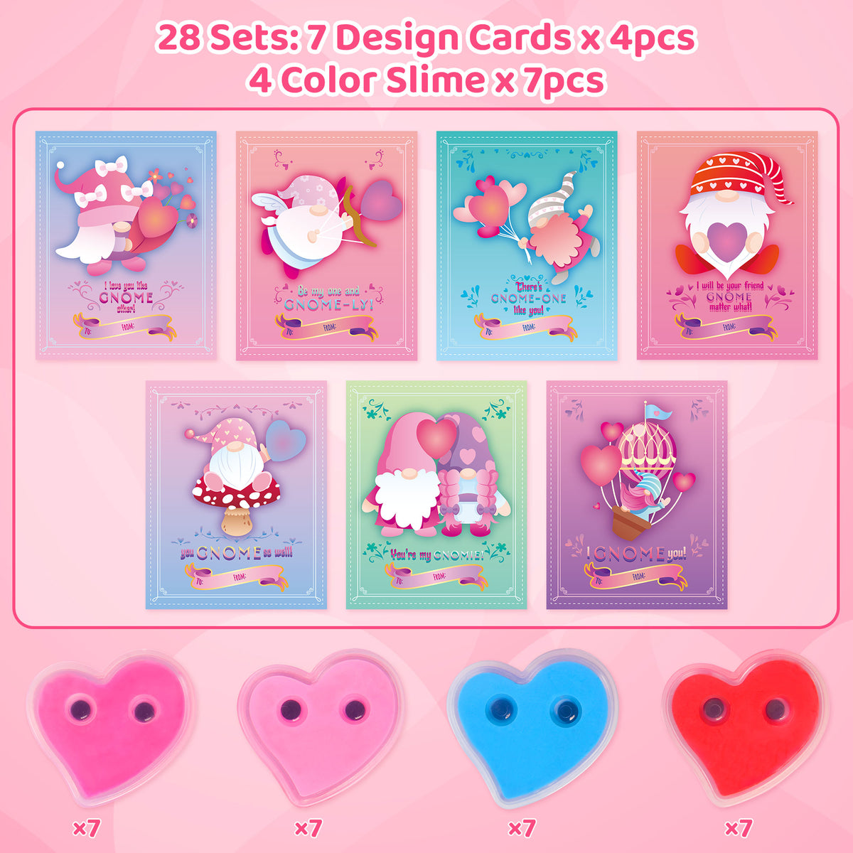 28Pcs Valentine Heart Butter Slime with Gnome Cards W284575