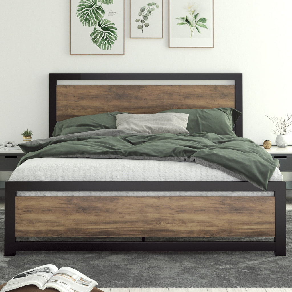 Queen Size Metal Platform Bed Frame with Wooden Headboard Footboard L14144