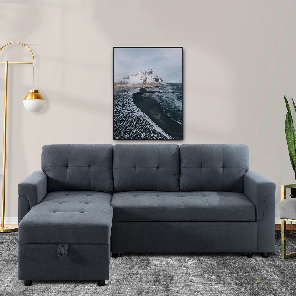 Black Air Leather L-Shaped Sleeper Sectional Sofa with Storage Chaise B331843