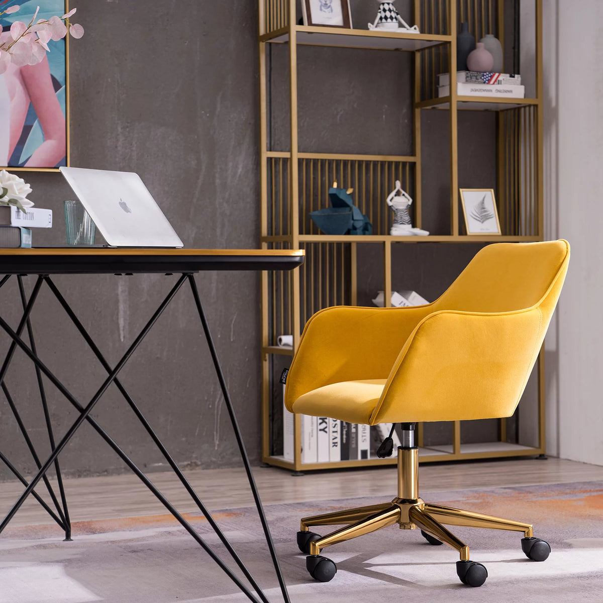 Yellow Velvet Adjustable Height Office Chair with Gold Metal Legs and Wheels C7027