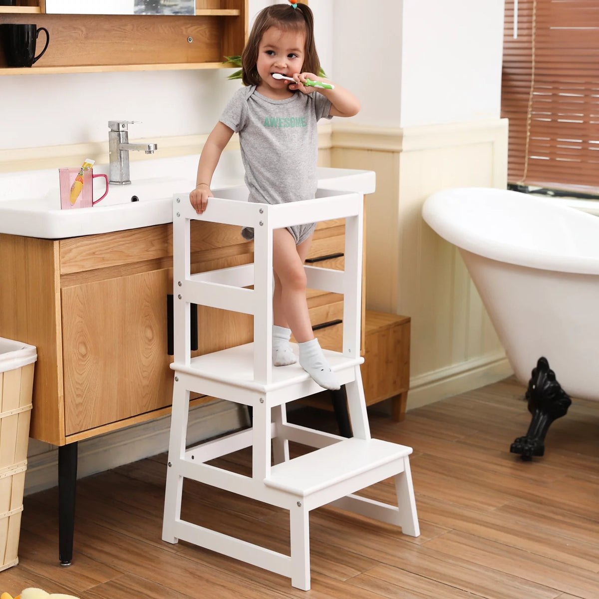 White Wooden Two Step Kids Stool N618497
