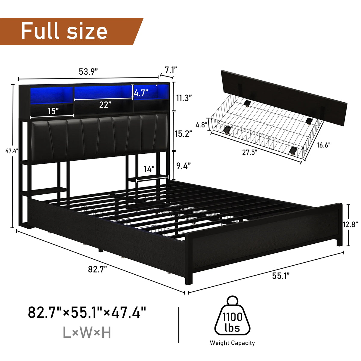 White Queen Size LED Platform Storage Bed Frame with Charging Station H99596