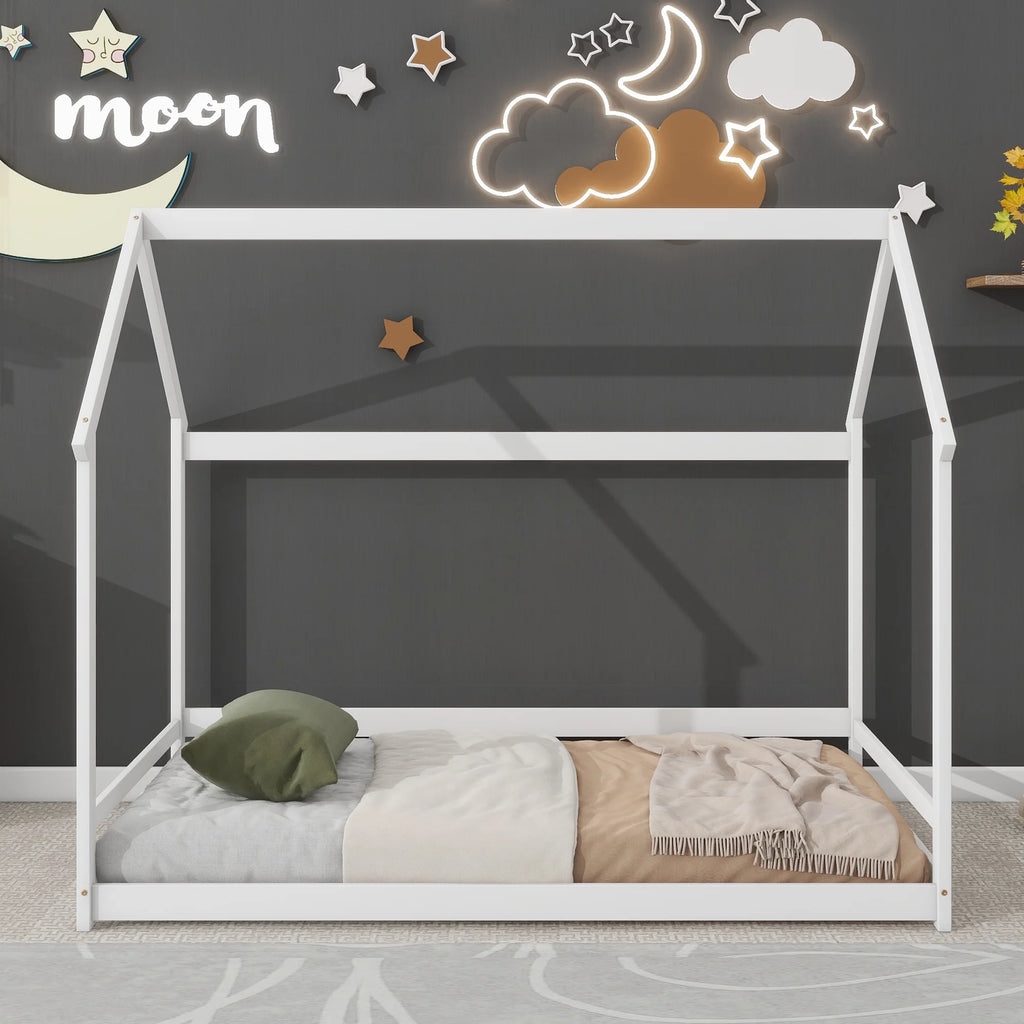 Twin House-Shaped Floor Bed Frame with 2 Detachable Stands White A733