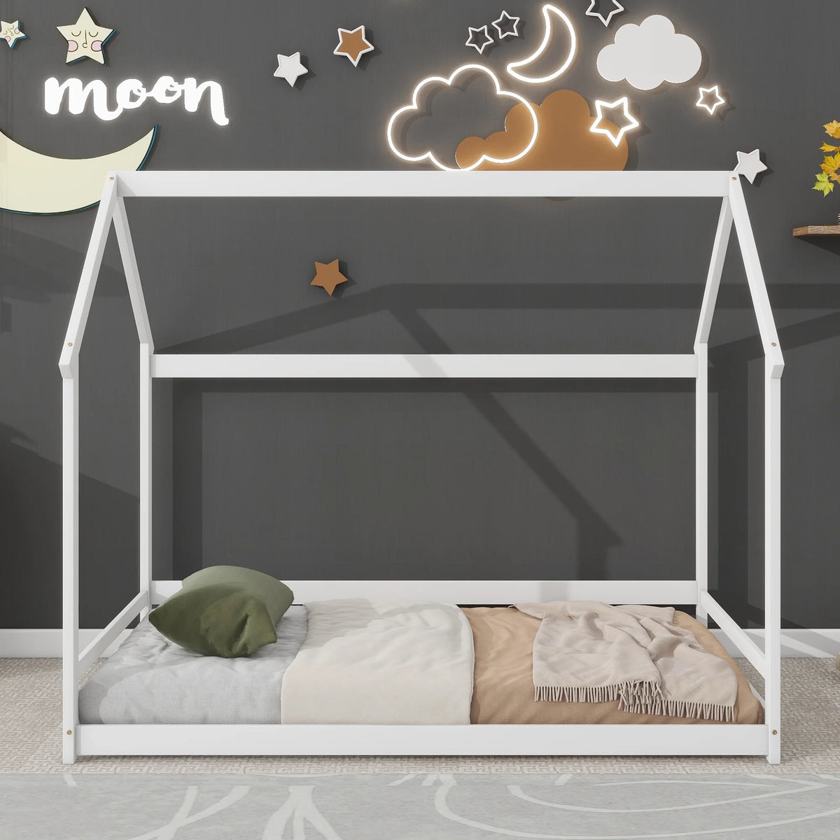 Twin House-Shaped Floor Bed Frame with 2 Detachable Stands White A733