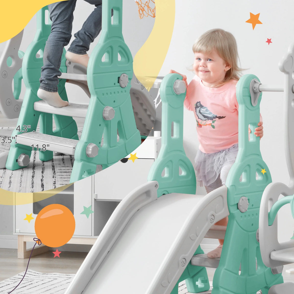 3 in 1 Toddler Slide and Swing Set with Basketball Hoops Green B899252