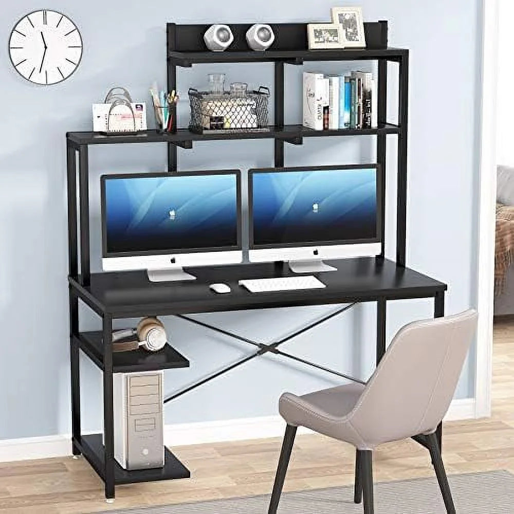 Black 47 Inch Computer Desk with Shelves and Hutch I6522