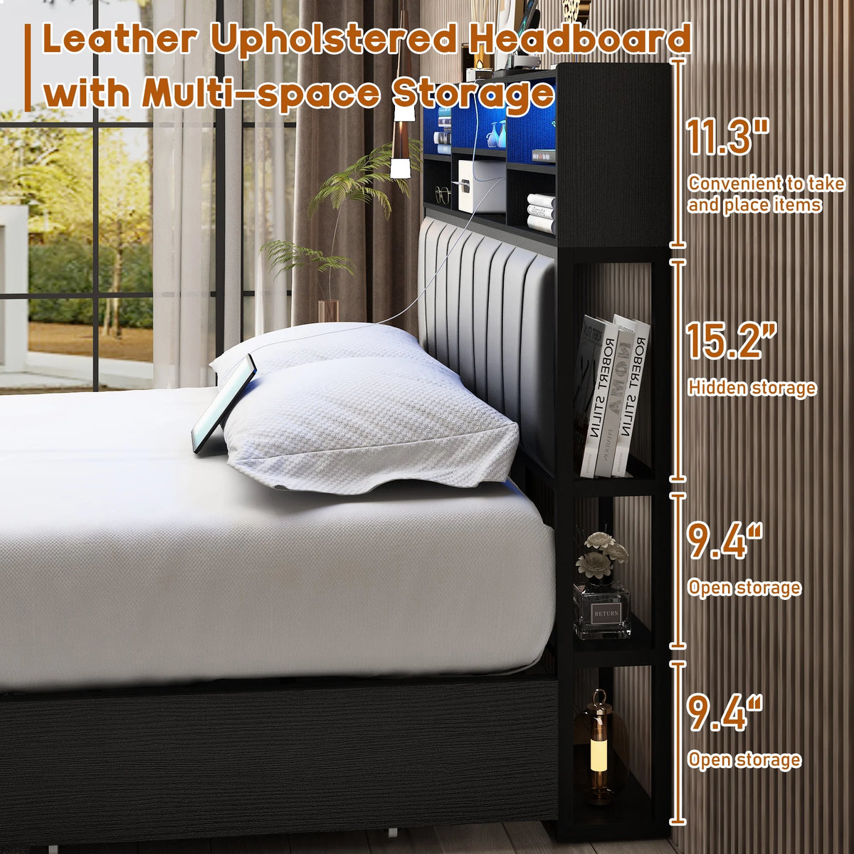 White Queen Size LED Platform Storage Bed Frame with Charging Station H99596