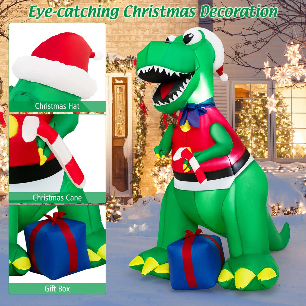 6FT Inflatable Christmas Dinosaur Decoration with LED Lights & Gift Box P95675