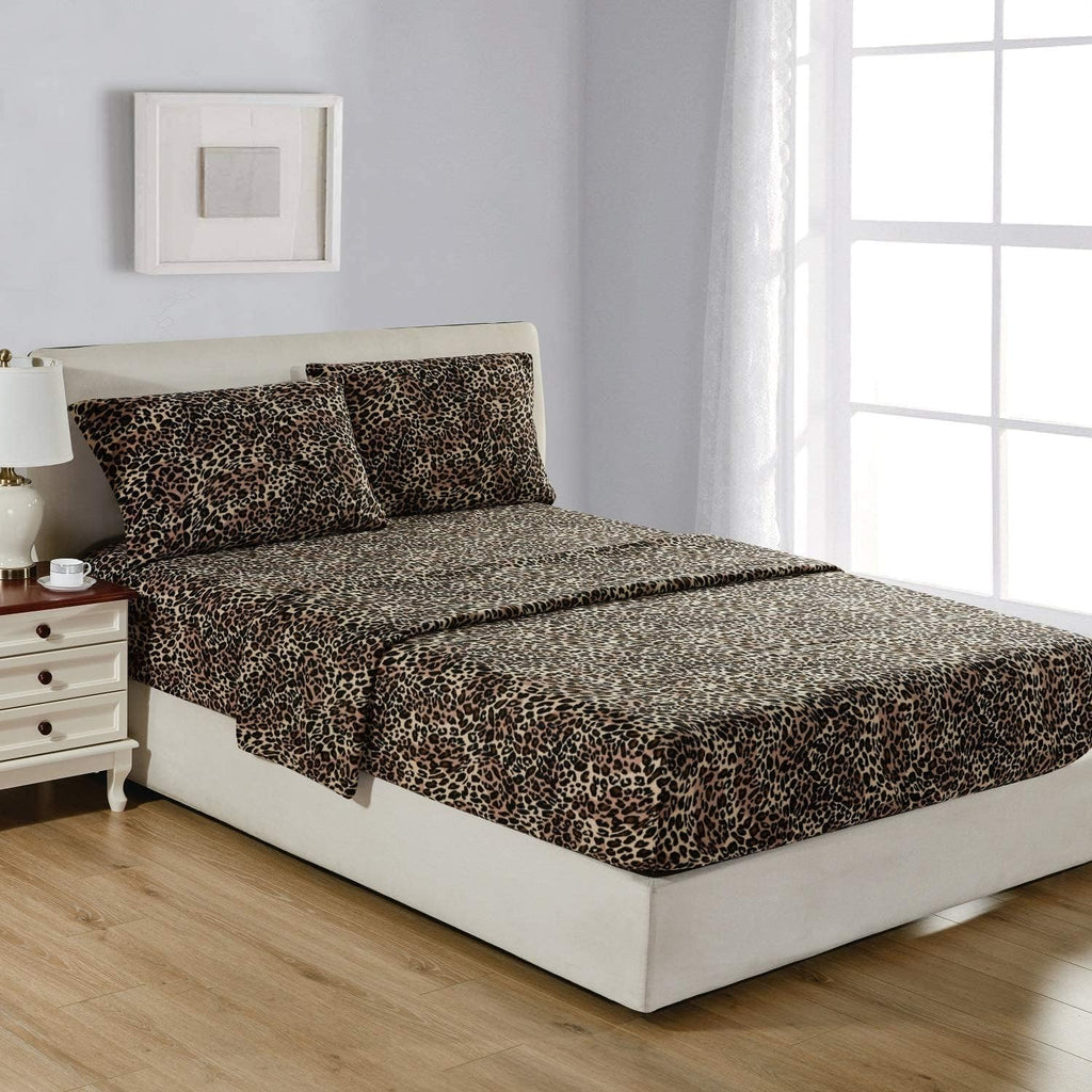 Leopard Full Polar Fleece Microfiber Bed Sheet Set, 4 Pcs E784