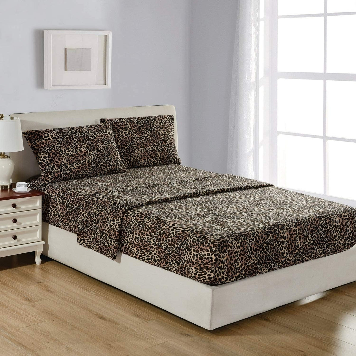 Leopard Full Polar Fleece Microfiber Bed Sheet Set, 4 Pcs E784