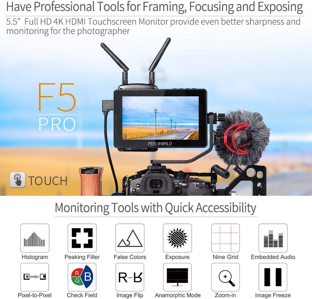 5.5 Inch Touch Screen DSLR Camera Field Monitor with 4K HDMI Input Output H8038