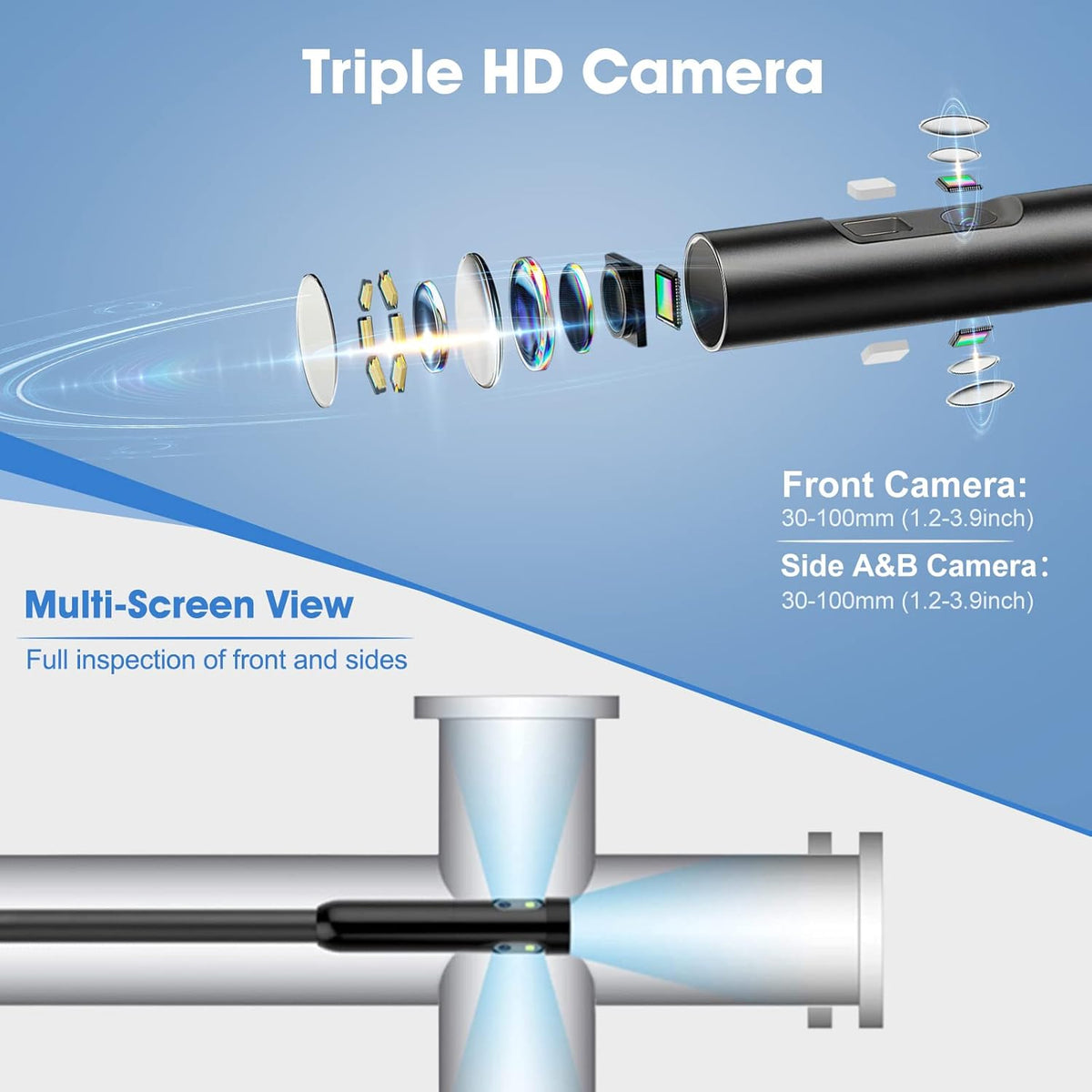 Triple Lens Endoscope Camera with 5 Inch IPS Screen and 16.5ft Semi-Rigid Cable I63914