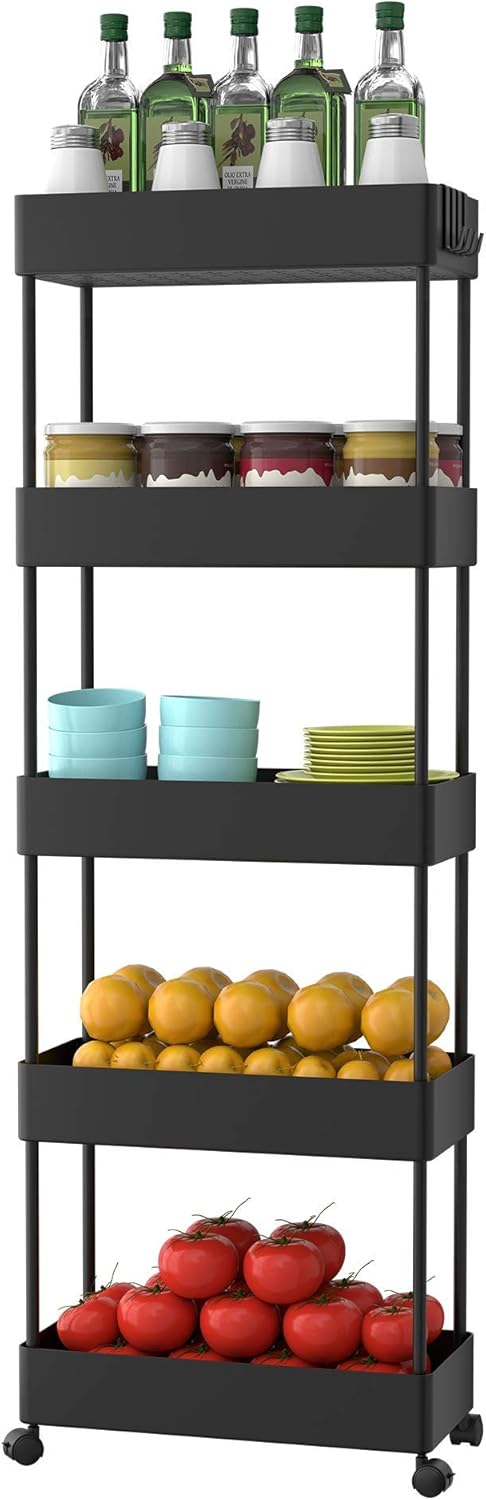 Black 5 Tier Slim Rolling Utility Cart A40565