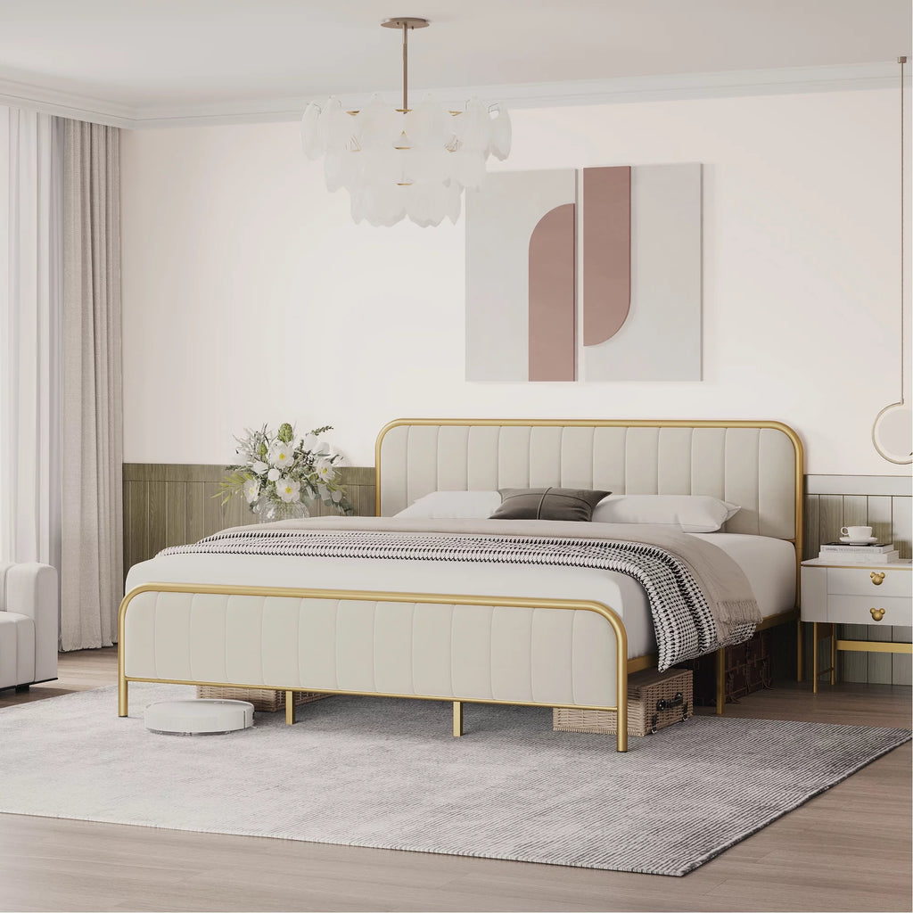 Velvet Beige Full Size Bed Frame with Metal Legs S247987