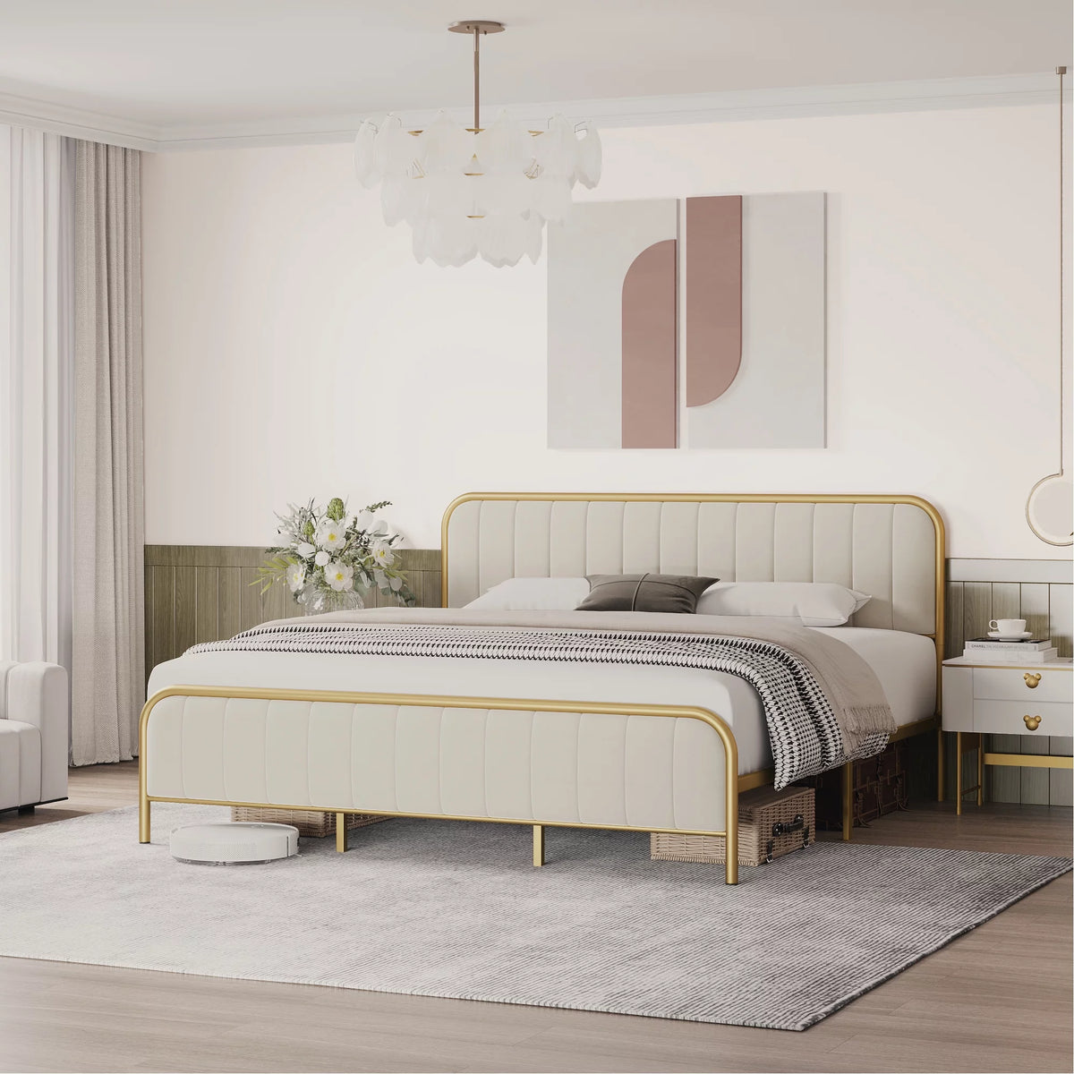 Velvet Beige Full Size Bed Frame with Metal Legs S247987