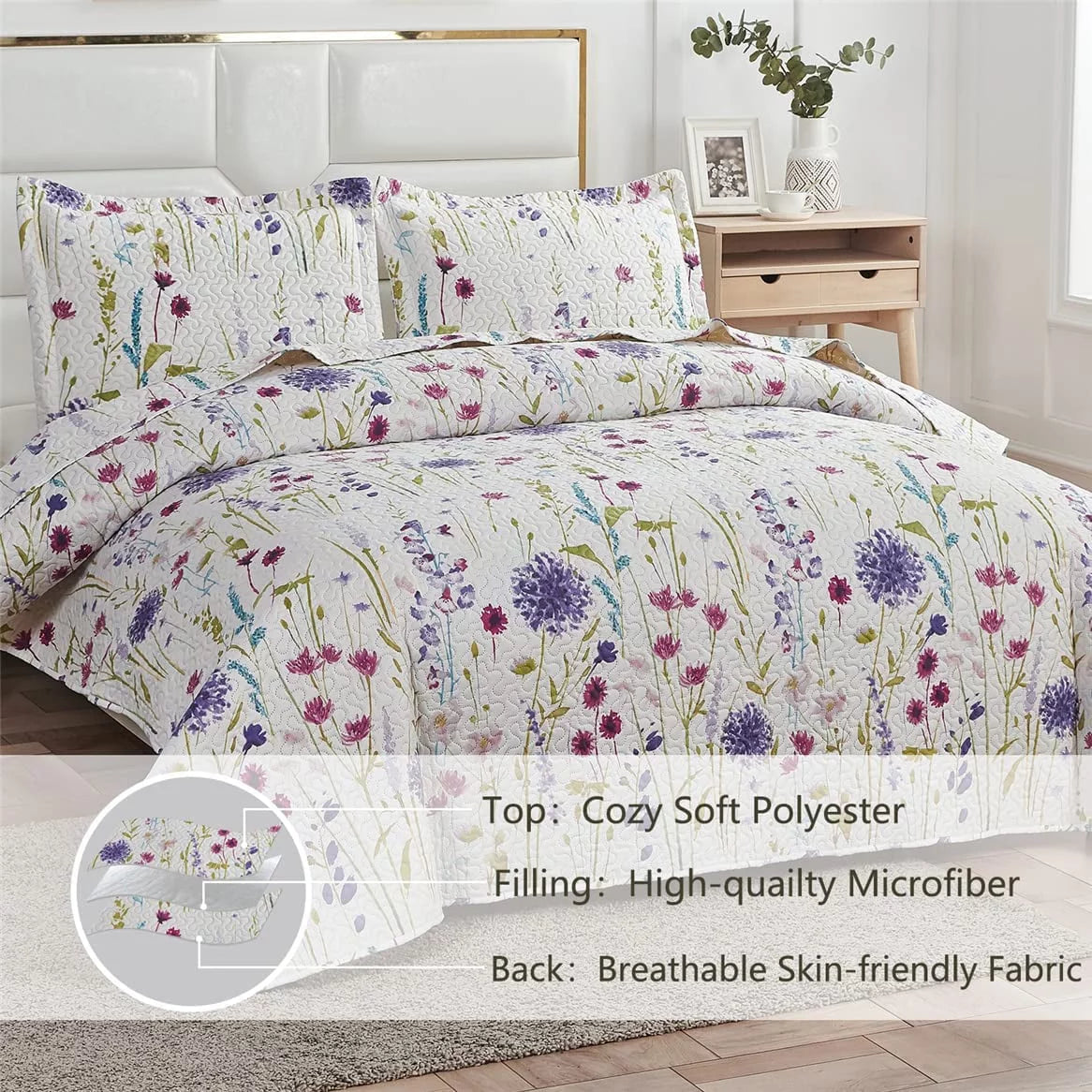 Floral Queen Bedding Microfiber Bedspread Set N674