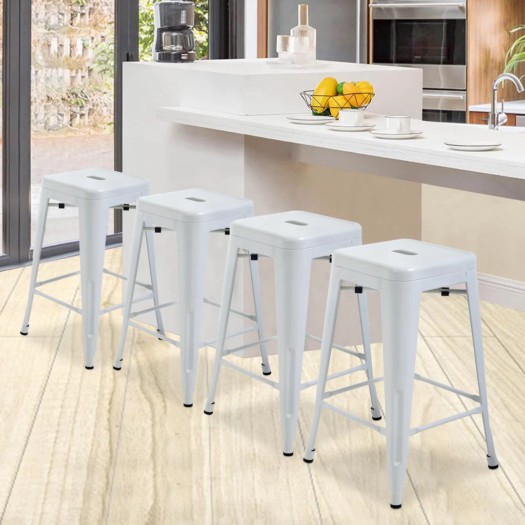 Metal Bar Stools Set of 4, 24 inch White Stackable Backless Counter Height L575003