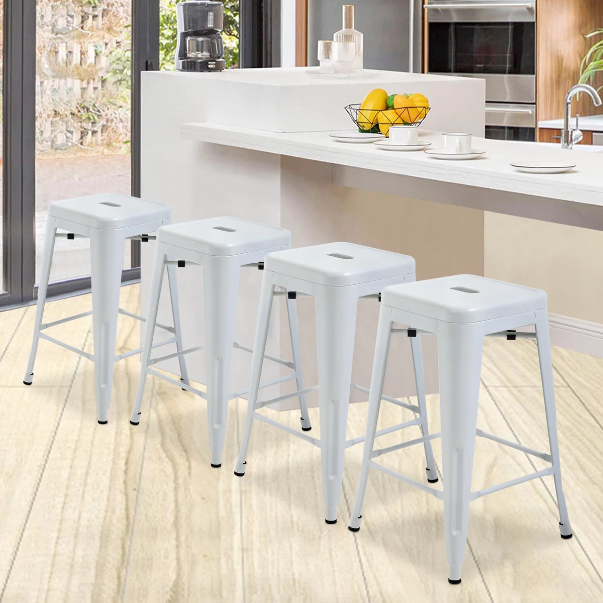 Metal Bar Stools Set of 4, 24 inch White Stackable Backless Counter Height L575003