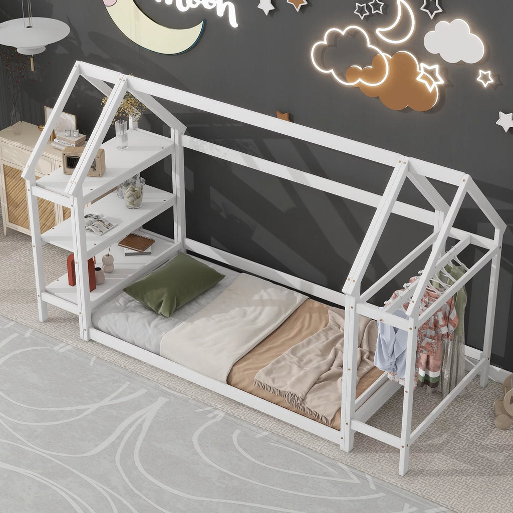 Twin House-Shaped Floor Bed Frame with 2 Detachable Stands White A733
