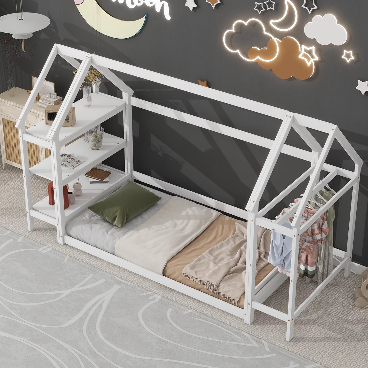 Twin House-Shaped Floor Bed Frame with 2 Detachable Stands White A733