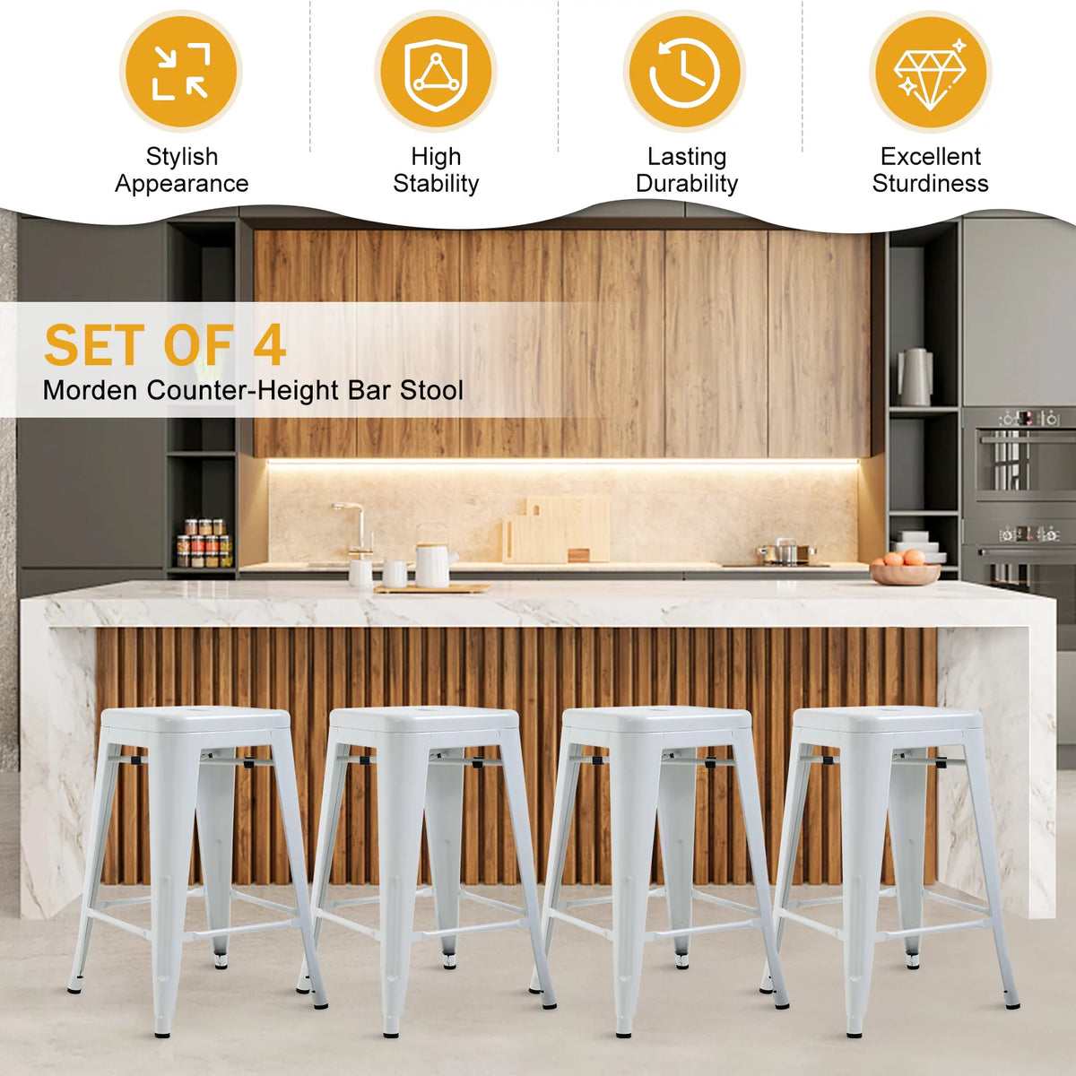 Metal Bar Stools Set of 4, 24 inch White Stackable Backless Counter Height L575003