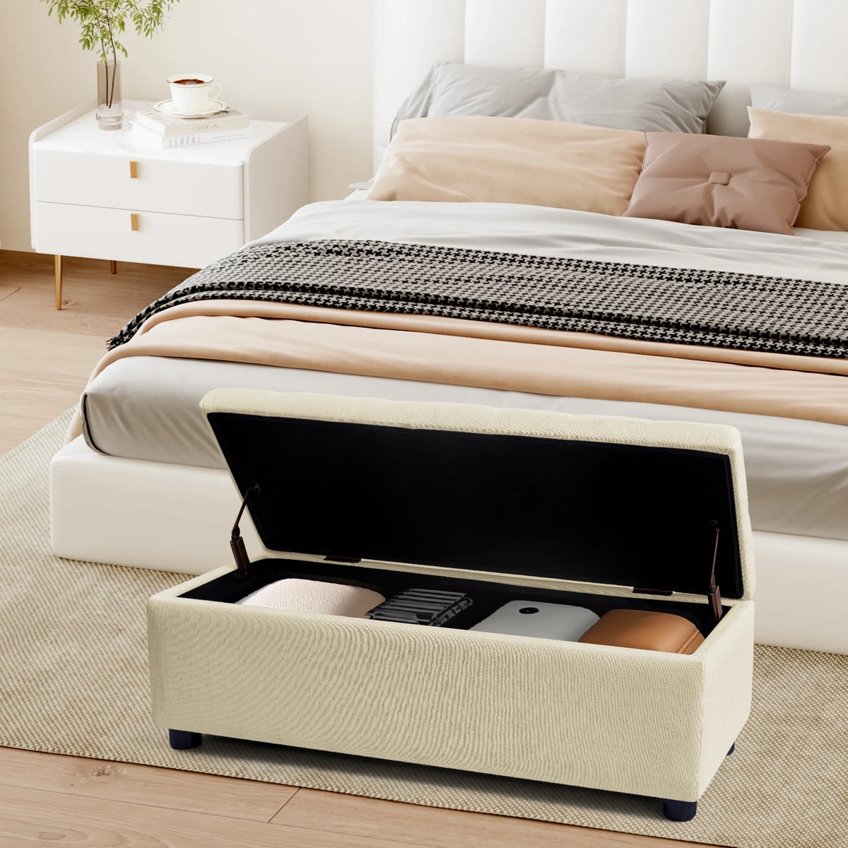 Beige Linen Fabric Storage Ottoman Bench W65327