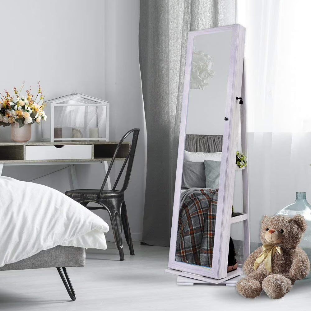 White Free-Standing Rotatable Jewelry Armoire with Mirror G84589