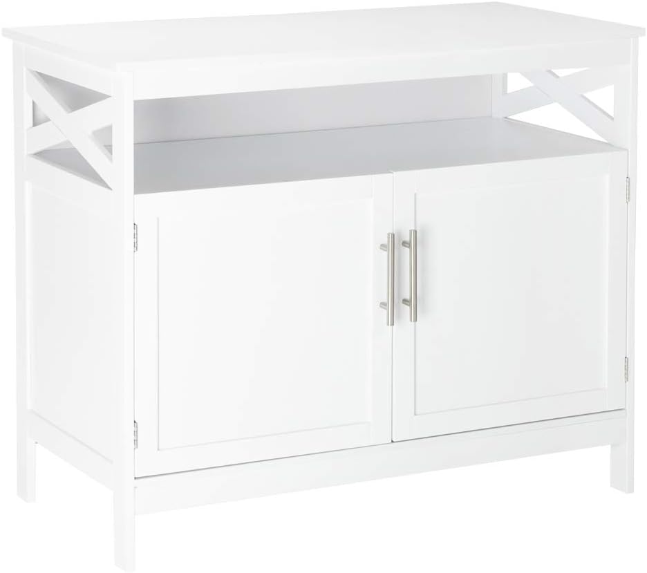 White Buffet Table with Storage Cabinet and Open Shelf J2545