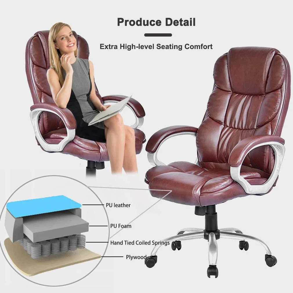 Brown Leather Ergonomic Office Chair with Headrest H56602