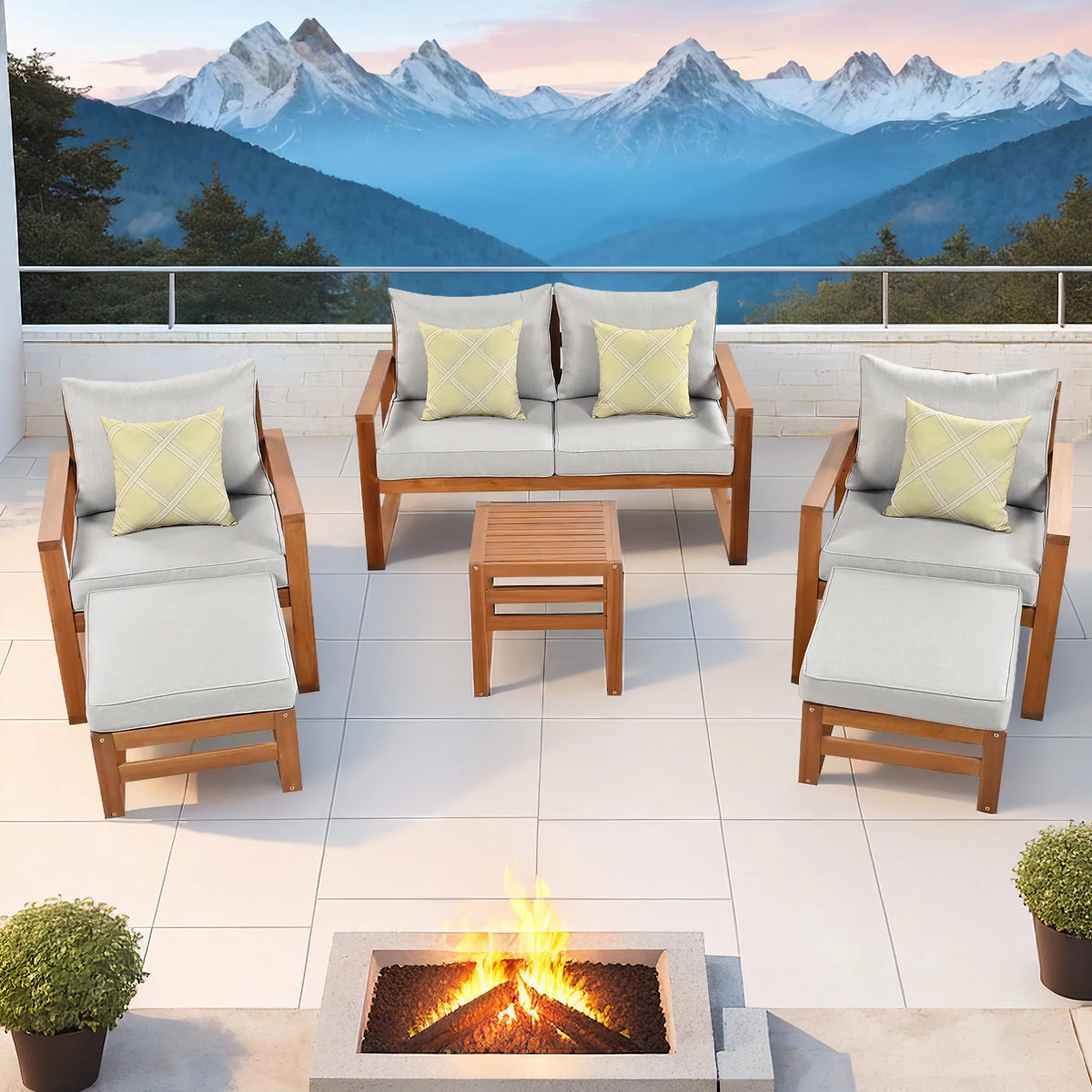 6 Piece Solid Wood Patio Furniture Set with Gray Cushions K194