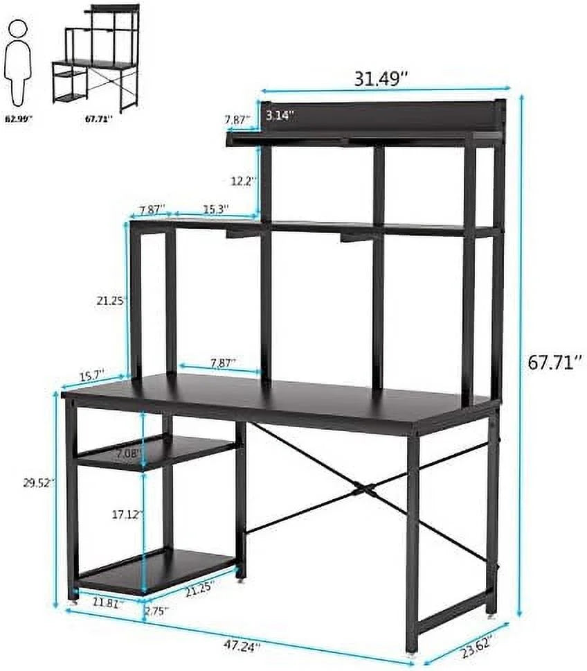Black 47 Inch Computer Desk with Shelves and Hutch I6522