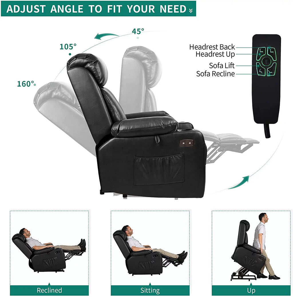 Black Faux Leather Power Lift Recliner Chair with Massage Heat T1896