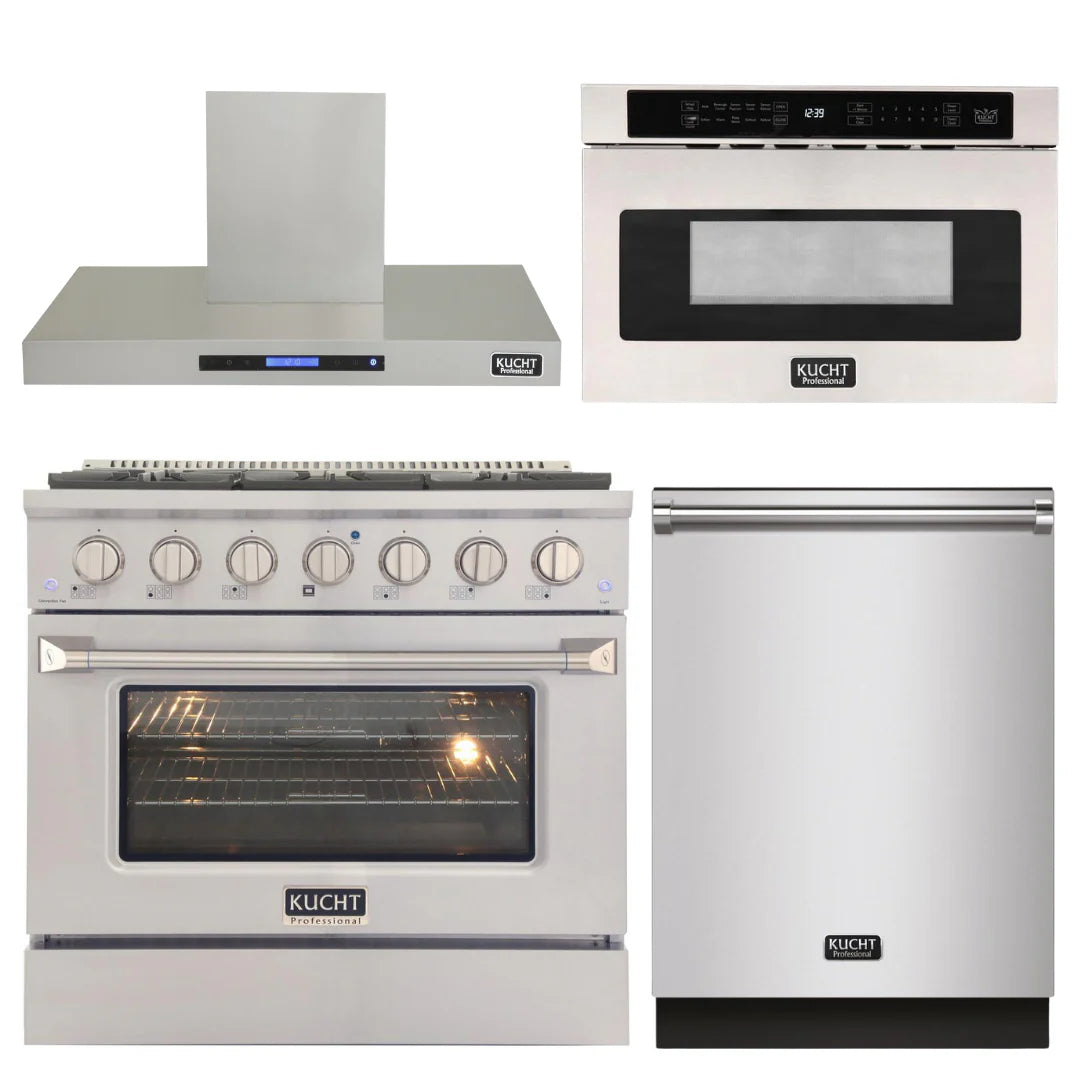 36 in. Natural Gas Range, Range Hood, Microwave Drawer & Dishwasher P929340