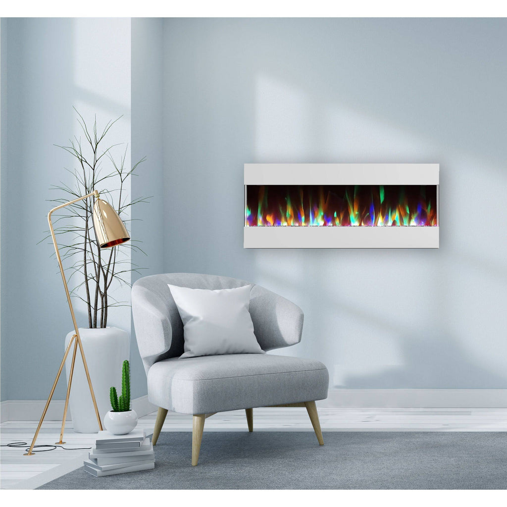 White Recessed Wall Mounted Electric Fireplace with Crystal and LED Display H851375