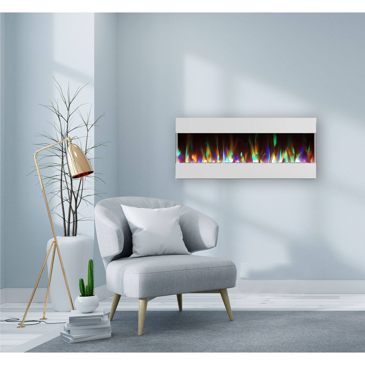 White Recessed Wall Mounted Electric Fireplace with Crystal and LED Display H851375