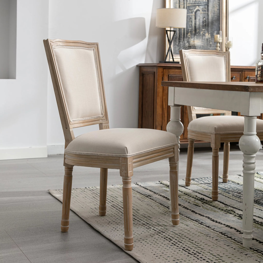 French Style Solid Wood Frame Linen Fabric Rattan Back Dining Chair Set Of 2 P727