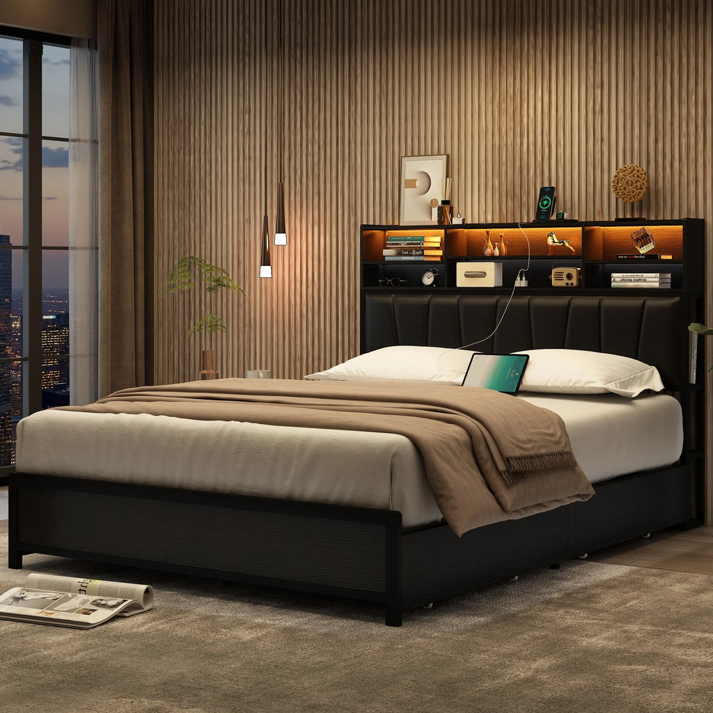 White Queen Size LED Platform Storage Bed Frame with Charging Station H99596