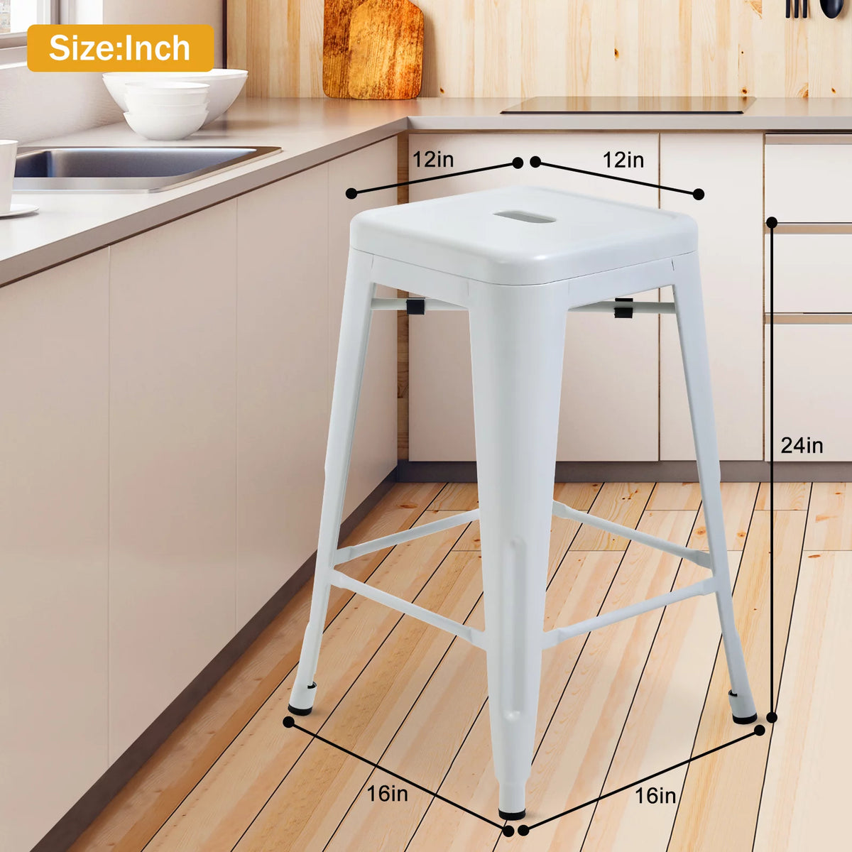 Metal Bar Stools Set of 4, 24 inch White Stackable Backless Counter Height L575003