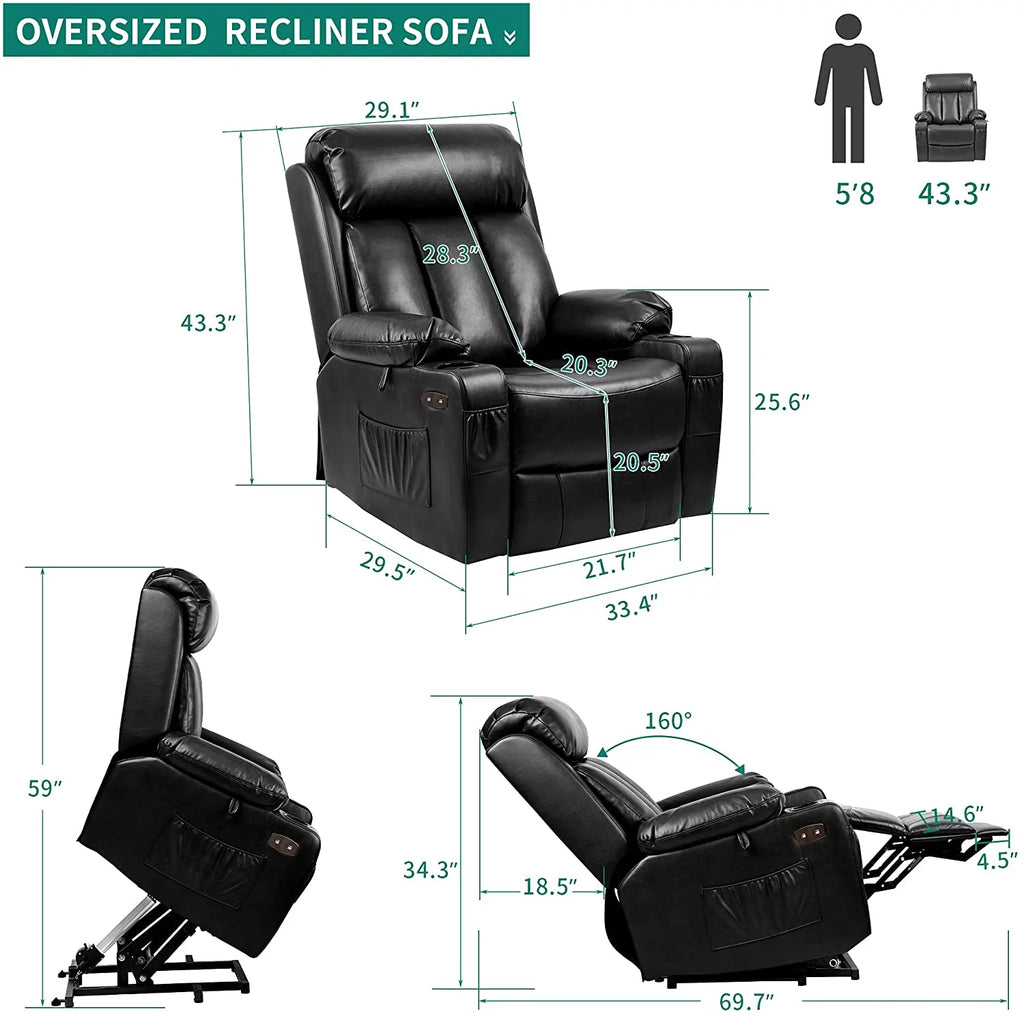 Black Faux Leather Power Lift Recliner Chair with Massage Heat T1896