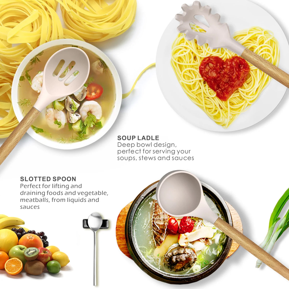 Silicone Cooking Utensils Set Wooden Handles Non-Stick Cookware X1150