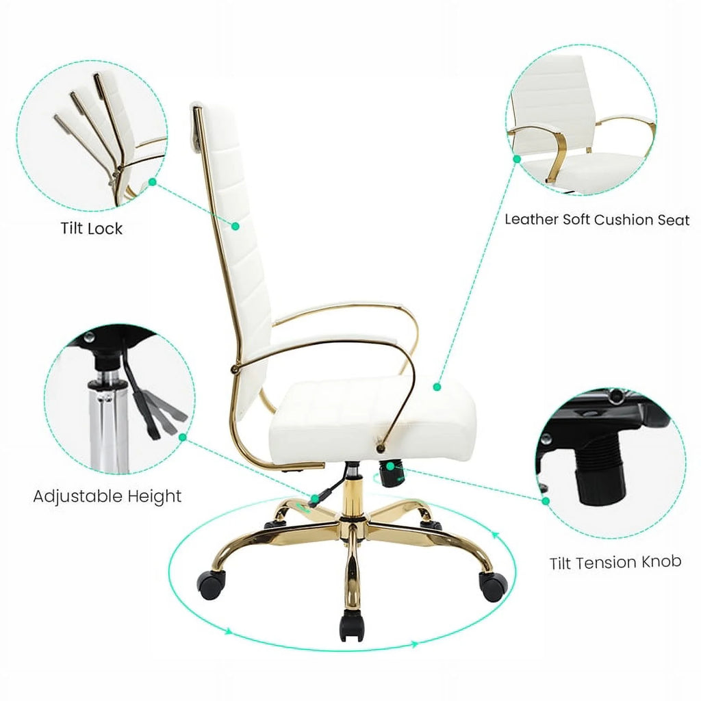 Modern Faux Leather High-Back Office Chair in White/Gold J904