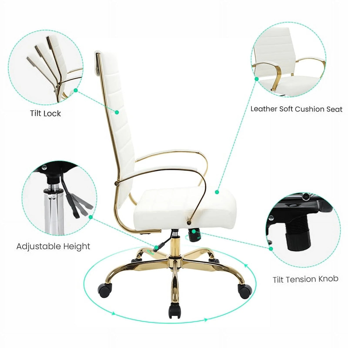 Modern Faux Leather High-Back Office Chair in White/Gold J904