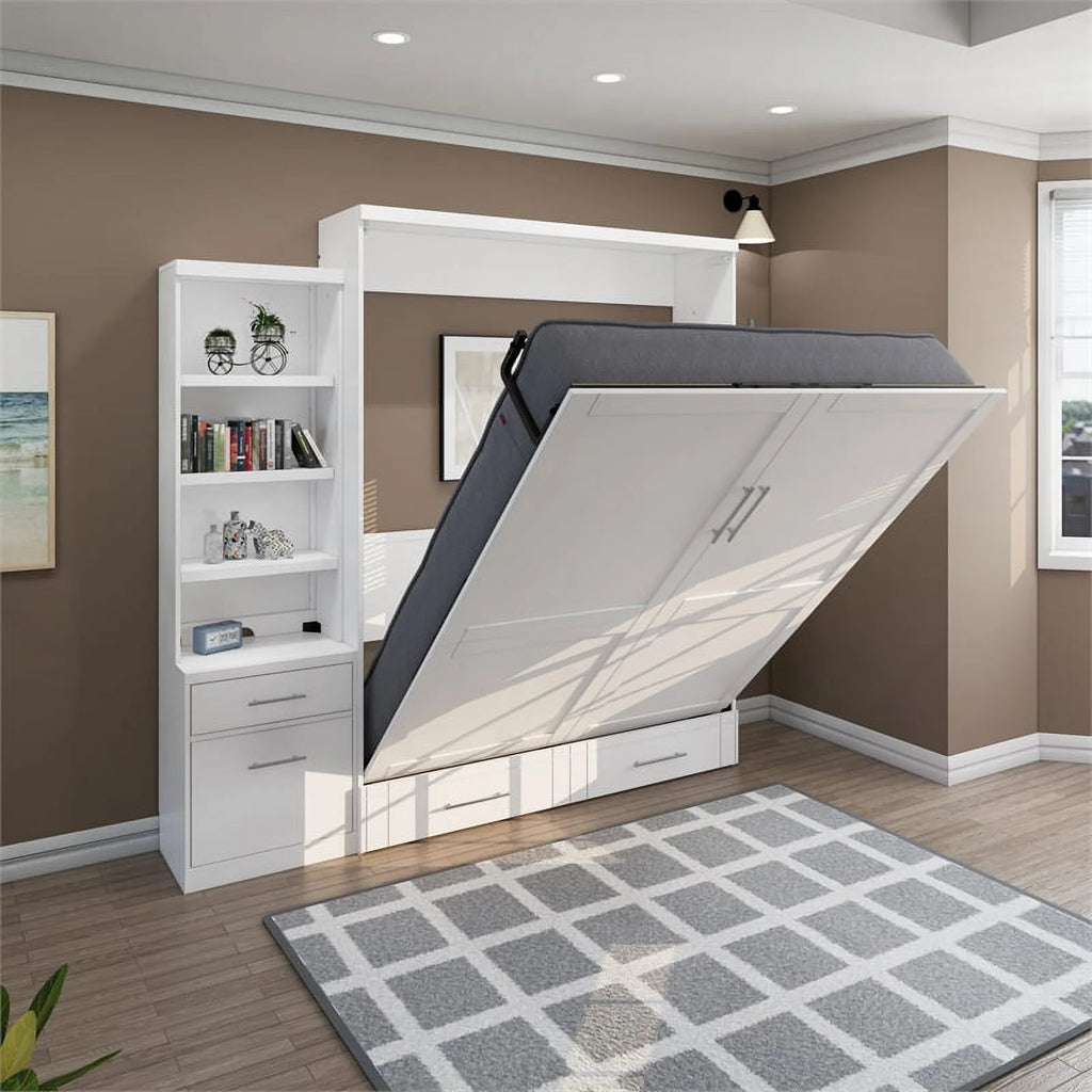 Queen Solid Wood Murphy Wall Bed with Storage Piers White N59805