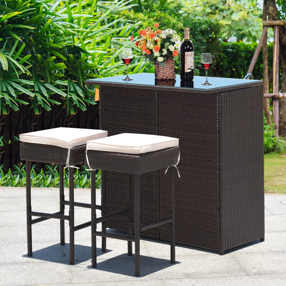 3PCS Patio Rattan Wicker Bar Table Stools Dining Set C253