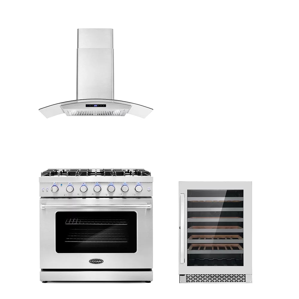 3 Piece Kitchen Appliance Package with Gas Range Range Hood and Wine Refrigerator Q58959