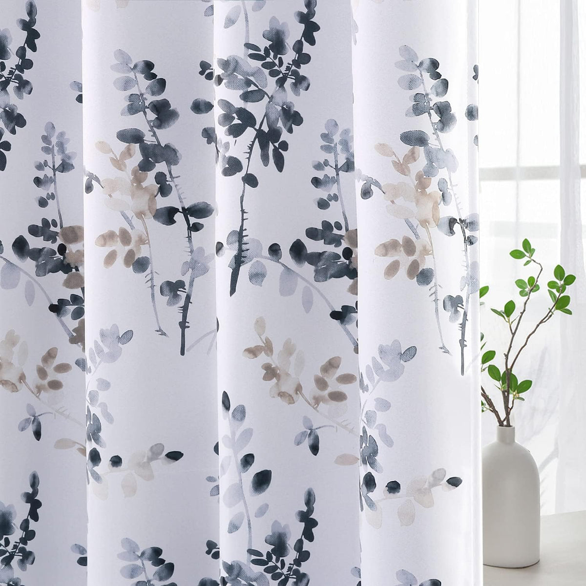 Blackout Grommet Curtains 84 Inch Long, Grey and Turquoise Floral Printing, 2 Panels B575
