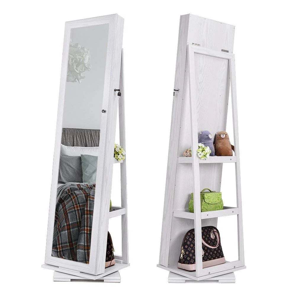 White Free-Standing Rotatable Jewelry Armoire with Mirror G84589
