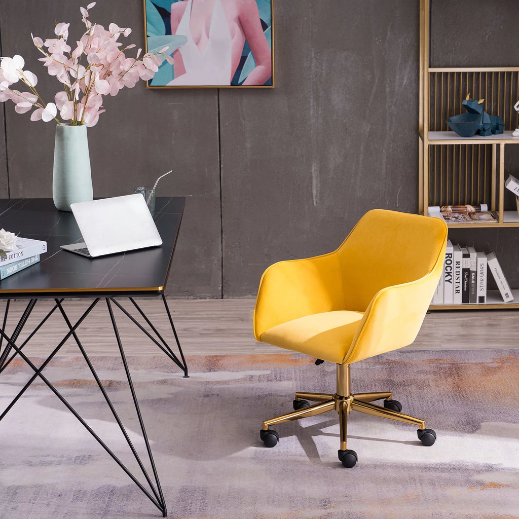 Yellow Velvet Adjustable Height Office Chair with Gold Metal Legs and Wheels C7027